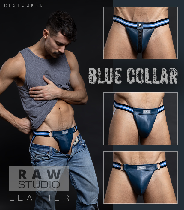 Raw Studio Blue Collar Leather Jockstraps and Cock Rings